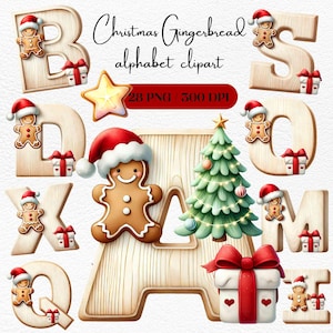 Alfabeto navideño de jengibre PNG, clipart de letras de madera con gorro de Papá Noel y regalos, proyectos y manualidades para niños, sublimación en almohadas y tazas
