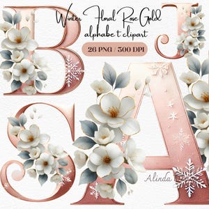Pode incluir: Clipart de alfabeto em ouro rosa com as letras B, A e J, adornado com arranjos florais brancos e flocos de neve. As letras são embelezadas com detalhes dourados e o texto "Winter Floral Rose Gold alphabet clipart" é exibido.