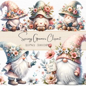 Imágenes Prediseñadas de gnomos de primavera, imágenes prediseñadas de gnomos lindos, arte infantil, imágenes prediseñadas de primavera para bebés, primavera verano, imágenes prediseñadas de acuarela de flores silvestres, imágenes prediseñadas de gnomos