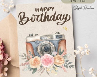 Biglietto di auguri di compleanno con macchina fotografica d'epoca: biglietto d'auguri stampabile (download digitale)