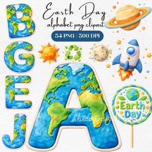 May include: A collection of Earth Day-themed clipart elements. Includes letters of the alphabet shaped like the Earth, a planet with rings, a rocket ship, a sun, a moon, recycling symbol, and a lollipop with an Earth Day design.