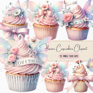 Süße Blumen Cupcake ClipArt, Pastell Blumen Cupcake Grafiken, süßer digitaler Download für Party-Einladungen, Aufkleber, Scrapbooking, Wandkunst