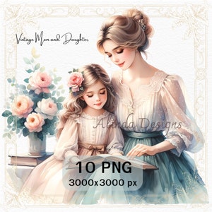 Imágenes prediseñadas vintage de mamá e hija, descarga digital del día de la madre, ilustración familiar retro para manualidades y regalos, imágenes prediseñadas de mamá, imágenes prediseñadas de mamá