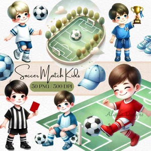 かわいいサッカーの試合の子供のクリップアート、サッカーをする男の子、デジタルダウンロードPNG、招待状、ステッカー、工芸品、壁アート用のスポーツクリップアート
