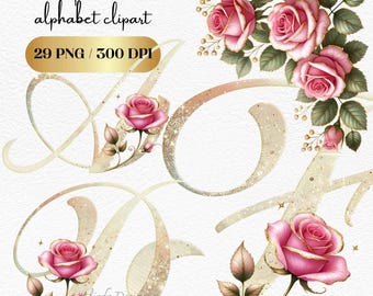 Clipart dell'alfabeto con rose ad acquerello: lettere floreali dorate e rosa (PNG)
