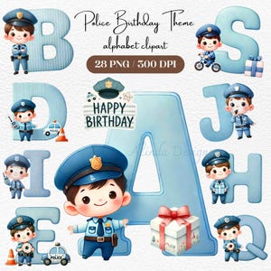 Letras con tema de cumpleaños de policía, decoración de fiesta de policía, imprimibles con temática de policía para niños, ilustraciones de insignias para manualidades, cumpleaños de policía