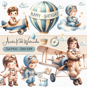 Conjunto de imágenes prediseñadas de acuarela para niños de aviador, imágenes prediseñadas de piloto de avión vintage, ilustraciones de niños lindos, descarga digital para manualidades, álbumes de recortes
