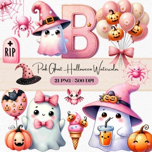 気まぐれなピンクのゴーストハロウィーン水彩画クリップアート、不気味でかわいいデジタルダウンロード、DIYクラフト、招待状、装飾用のパステルゴーストアート