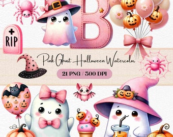 Whimsical Pink Ghost Watercolor Clipart, Halloween Art (Digital Download)