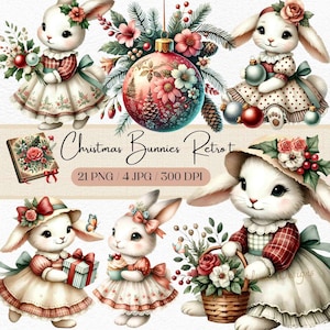 Vintage Weihnachtshasen Clipart, Retro Urlaub Häschen Illustrationen, digitaler Download für Karten, Dekor, Basteln, Scrapbooking, Karte, Clipart