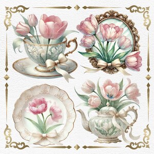Sweet Pink Tulips Watercolor Clipart, Elegant Vintage Floral Elements for Invitations, Branding & DIY Crafts, DIY Craft, For Home Decoration