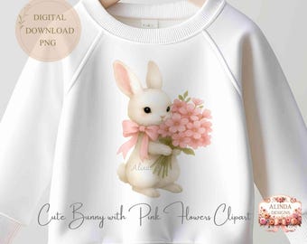Bunny with Pink Flowers Clipart: Spring Rabbit PNG (Digital Download)
