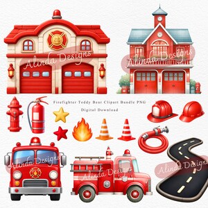 Firefighter Teddy Bear Clipart Bundle PNG, Cute Fireman Bear, Fire Station Clipart, Fire Truck, Kids Firefighter, Baby Boy Birthday, Fire Truck Birthday Party Decorations, Classroom Activities, Sublimation Projects