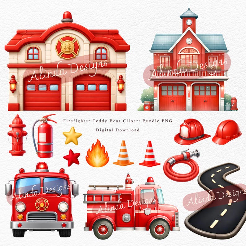 Firefighter Teddy Bear Clipart Bundle PNG, Cute Fireman Bear, Fire Station Clipart, Fire Truck, Kids Firefighter, Baby Boy Birthday, Fire Truck Birthday Party Decorations, Classroom Activities, Sublimation Projects