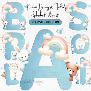 Lindo alfabeto pastel, letras azules de conejito y osito kawaii PNG, invitaciones para fiestas infantiles, decoración y manualidades para guarderías, diseños para baby shower