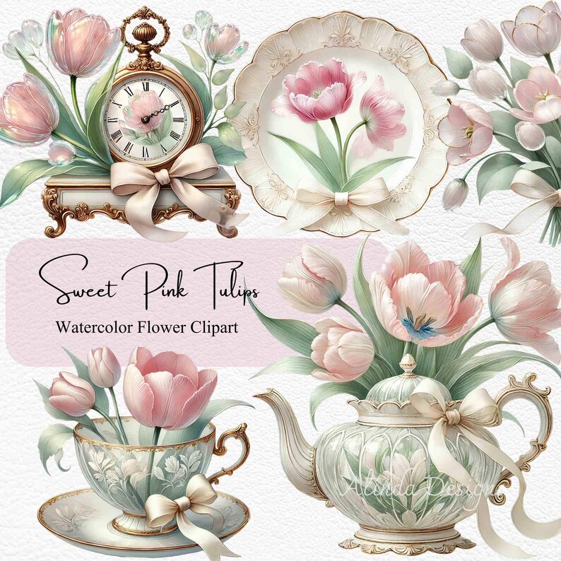 Sweet Pink Tulips Watercolor Clipart, Elegant Vintage Floral Elements for Invitations, Branding & DIY Crafts, DIY Craft, For Home Decoration