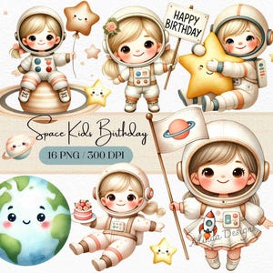 Aquarell Weltraum Kinder Mädchen Geburtstag Clipart, Einladungen zum Thema Weltraum, Partydekor, Scrapbooking und mehr, Galaxie Party Dekor, Rakete