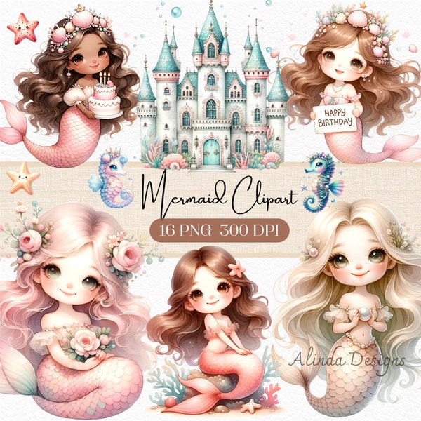 Watercolor Mermaid Clipart, Cute Mermaid PNG, Digital Download for Invitations, Scrapbooking, DIY Crafts, Cute Sea Animals PNG, Seahorse
