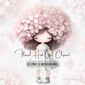 Blumen Hut niedlichen Mädchen Clipart, Illustrationen Mädchen, Kinderzimmer Dekor, Einladungen, Scrapbooking, klassische Kinderstrauß Illustration, Junk-Journal