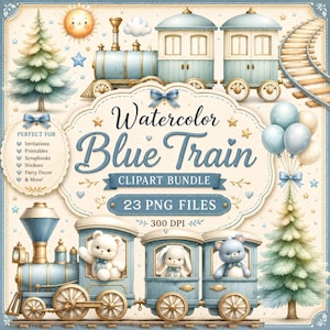 Watercolor Blue Train Clipart: Vintage Locomotive PNG (Digital Download)