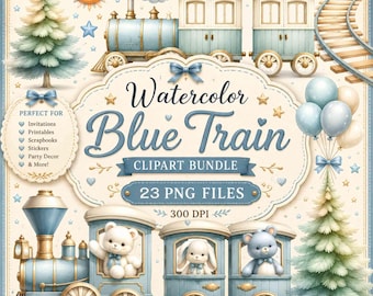 Watercolor Blue Train Clipart: Vintage Locomotive PNG (Digital Download)