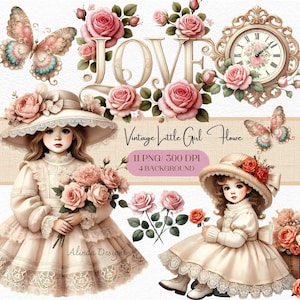 Clipart de flores de niña vintage, ilustraciones nostálgicas, decoración de guardería, descarga digital para diarios basura, invierno de niña, día de San Valentín