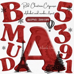 Imágenes prediseñadas de alfabeto y números de paisaje urbano navideño rojo, conjunto de letras navideñas vintage PNG, abc navideño PNG, diseños de sublimación, etiquetas de regalo