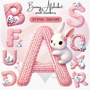 Alfabeto y números de conejito pastel, imágenes prediseñadas, linda letra y número de conejo para invitaciones a fiestas infantiles, decoración de guardería y manualidades, arte de pared, tarjetas