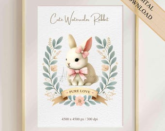 Watercolor Easter Bunny Clipart: Floral Wreath PNG Digital Download