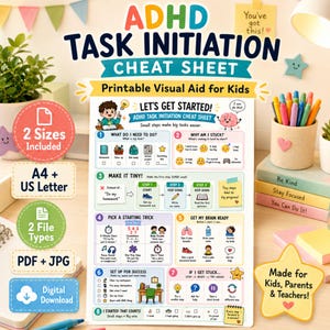 May include: An ADHD Task Initiation Cheat Sheet printable visual aid for children. The document features eight numbered steps with colourful icons, text, and illustrations to help with starting tasks. It includes sections for A4 and US Letter sizes.