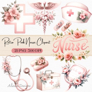 Retro rosa Krankenschwester Clipart, Vintage medizinische Illustrationen, digitale Krankenschwester Grafiken, rosa Uniform Clip Art, Sublimation, Junk Journal, Scrapbook