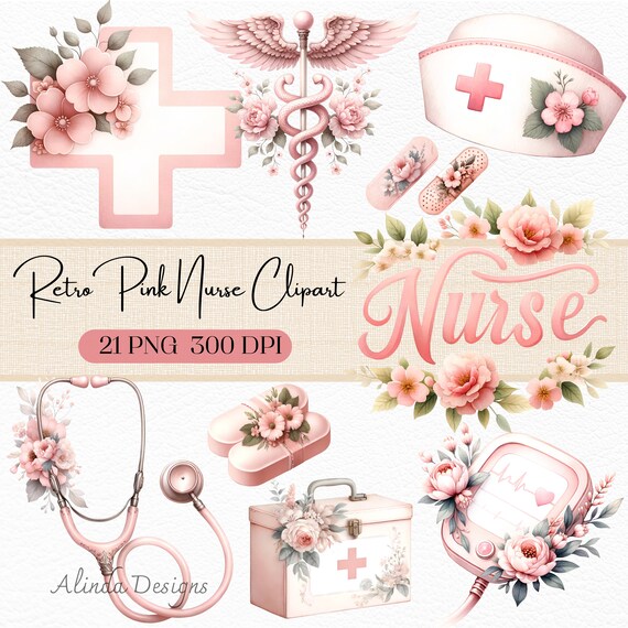 Retro Pink Nurse Clipart: Vintage Medical Graphics (Digital Download)