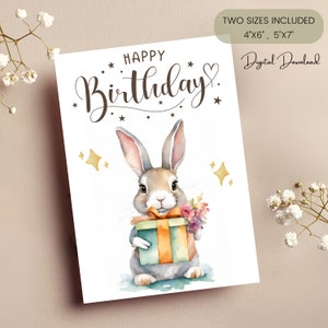 Tarjeta de cumpleaños imprimible de conejo, tarjeta para amantes de los conejos, tarjeta de cumpleaños de conejo, tarjeta de cumpleaños de conejo, cumpleaños, para celebrar, tarjeta linda, 12,7 x 18,8 cm