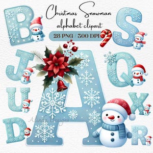 Clipart alphabet bonhomme de neige de Noël, lettres d'hiver festives, cartes de vœux, invitations, scrapbooking, travaux manuels, travaux manuels sur le thème de l'hiver, PNG