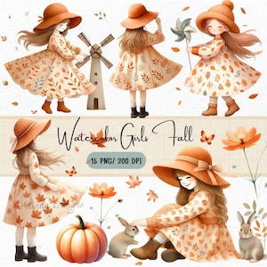 Conjunto de imágenes prediseñadas de otoño con chicas en acuarela, ilustración de moda otoñal, arte de otoño para chicas, papelería DIY, pegatinas para planificadores, álbumes de recortes, arte de pared