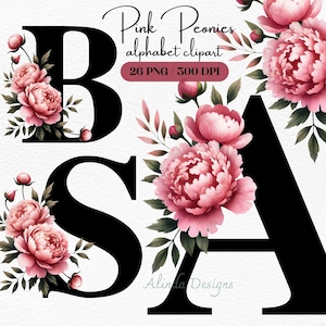 Alfabeto de peonías rosas en acuarela, letras florales románticas, invitaciones de boda, decoración de guardería, álbumes de recortes, manualidades de bricolaje, arte de pared