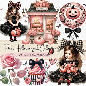 ヴィンテージ ピンクのハロウィン ガールズ クリップアート コレクション、レトロなパステル ハロウィン グラフィック、不気味な、ヴィンテージ ハロウィン グラフィック、レトロな女の子のクリップアート