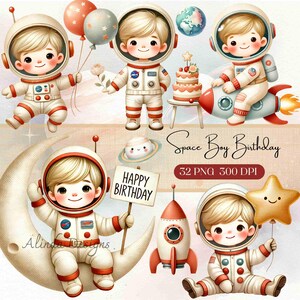 Clipart anniversaire Space Boy, jolies illustrations de l'espace astronaute, invitations à des fêtes, carte, scrapbooking, travaux manuels, clipart anniversaire sur le thème de l'espace
