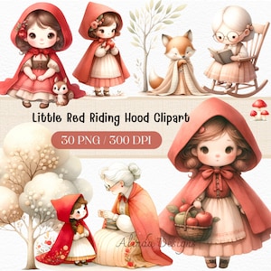Acuarela Caperucita Roja Clipart, Ilustraciones de cuentos de hadas en acuarela, Descarga digital, Gráficos de libros de cuentos para niños, Arte imprimible PNG