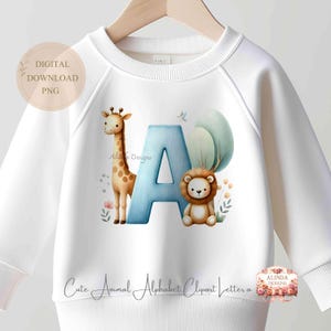 Niedliches Tier Alphabet Clipart Buchstabe A, Dschungel-Baby-Tiere PNG für Kinderzimmer, Babyparty, Kinder-T-Shirt zum Ausdrucken, Geschenke für Neugeborene