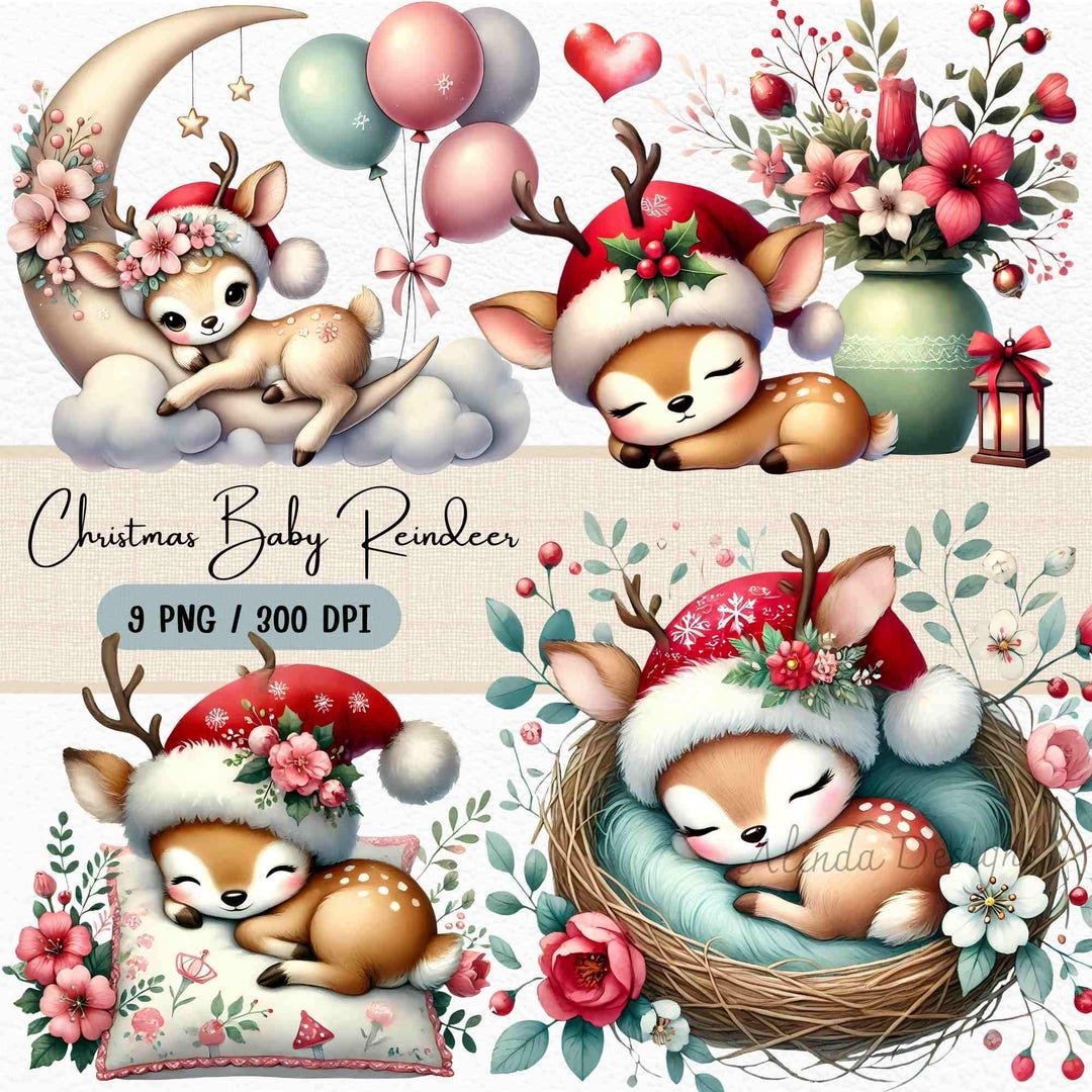 Christmas Baby Reindeer Clipart, Cute Holiday Reindeer Graphics ...