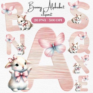 Bunny Alphabet Clipart, entzückende Pastell Buchstaben mit Hasen und Schmetterlingen, für Kinder-Party-Einladungen, Kinderzimmer-Dekor und Kunsthandwerk, Wandkunst