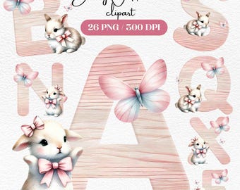 Bunny Alphabet Clipart: Pastel Letters, Butterflies PNG Digital Download