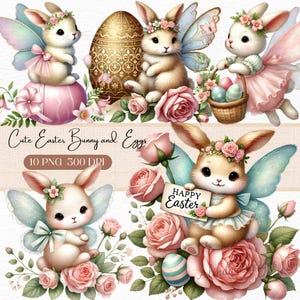 Lindo conejito de Pascua y huevos, ilustraciones de primavera, tarjetas de Pascua, clipart de Pascua, clipart de conejo, invitaciones, álbumes de recortes, manualidades