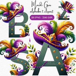 Alfabeto de Mardi Gras Clipart / Letras festivas con plumas, 26 PNG para decoración de fiestas y manualidades DIY, invitaciones de Mardi Gras