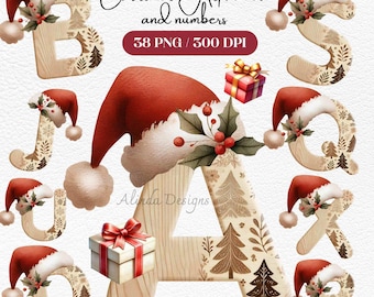 May include: A set of 58 Christmas alphabet and number graphics in PNG format. The letters and numbers are made of wood and have a festive Christmas design with Santa hats, holly, and pine trees. The graphics are 300 DPI and are perfect for crafting, scrapbooking, and other creative projects.