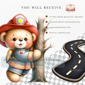 Firefighter Teddy Bear Clipart Bundle PNG, Cute Fireman Bear, Fire Station Clipart, Fire Truck, Kids Firefighter, Baby Boy Birthday, Fire Truck Birthday Party Decorations, Classroom Activities, Sublimation Projects