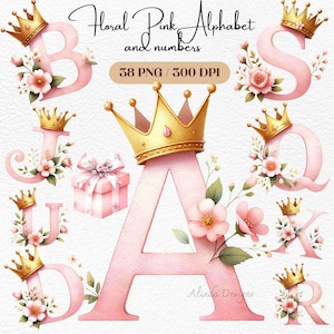 Clipart de alfabeto e números florais de aniversário rosa, letras florais femininas, convites, decoração de festa, scrapbooking, clipart de marco de bebê