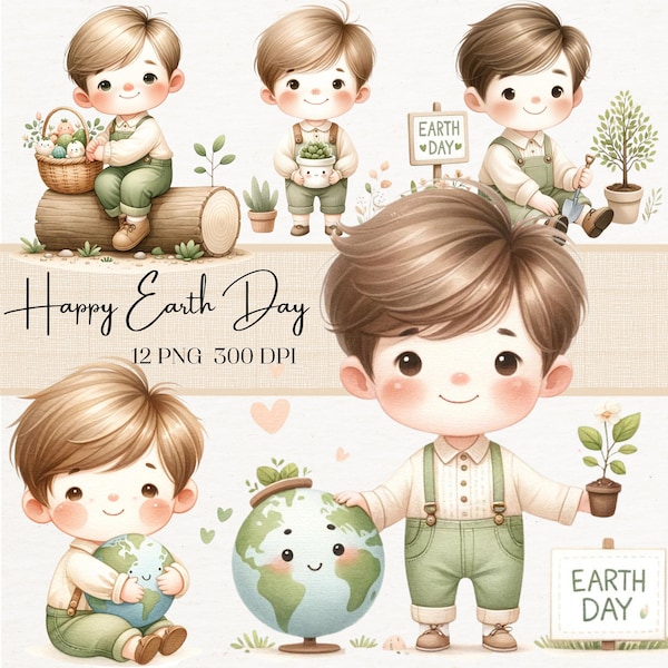 Earth Day Watercolor Clipart, Cute Kids & Planet Earth clipart, Eco Friendly Digital Download for Crafts, Education, Earth Day Green Floral