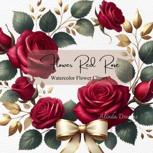 Clipart de acuarela de rosa roja, elegante diseño floral con detalles dorados, perfecto para bodas, día de San Valentín, manualidades de bricolaje, invitaciones de tarjetas
